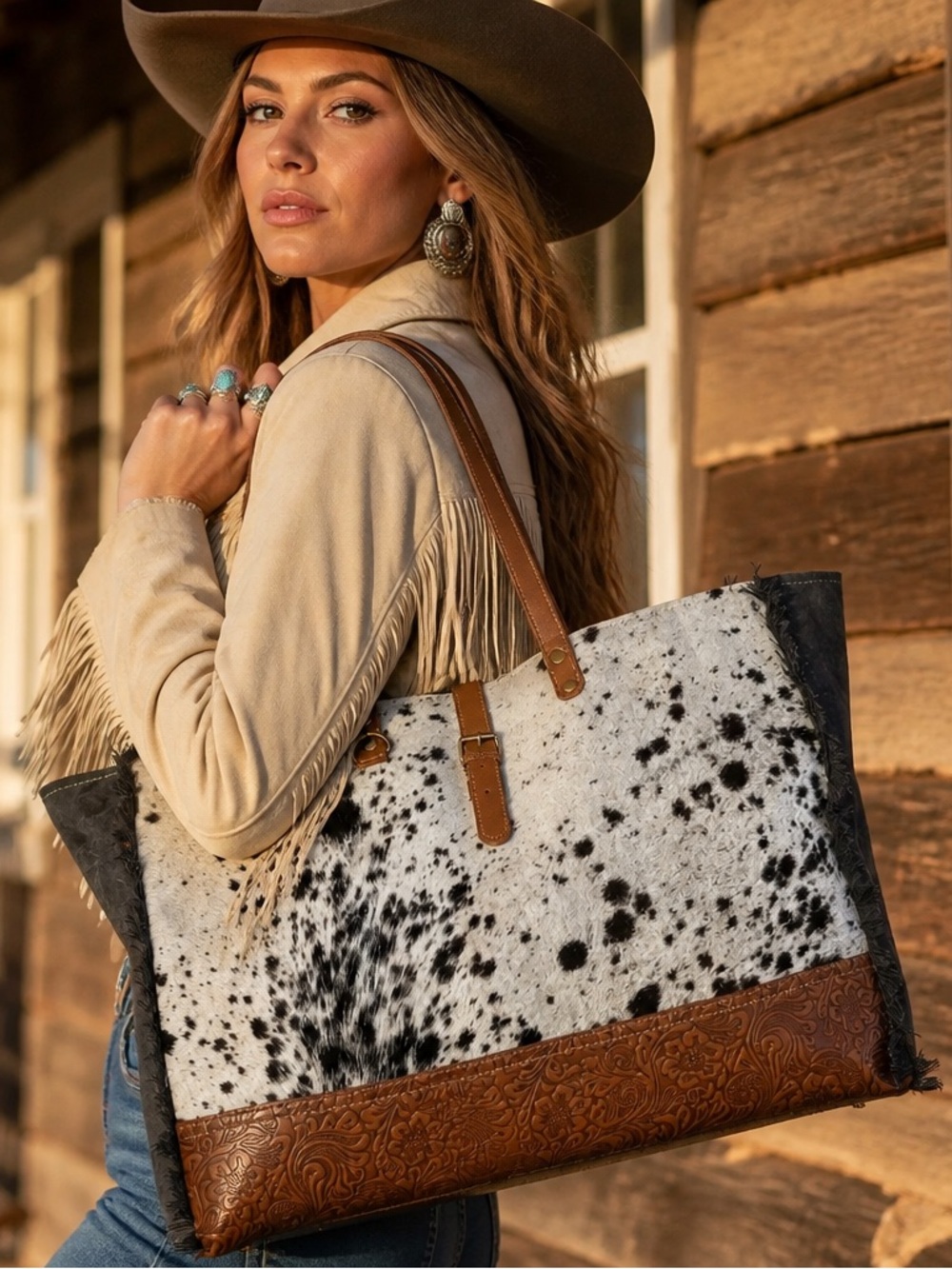New Myra Western Cowhide Weekender Bag Leather Duffel Travel Carry-On Boho